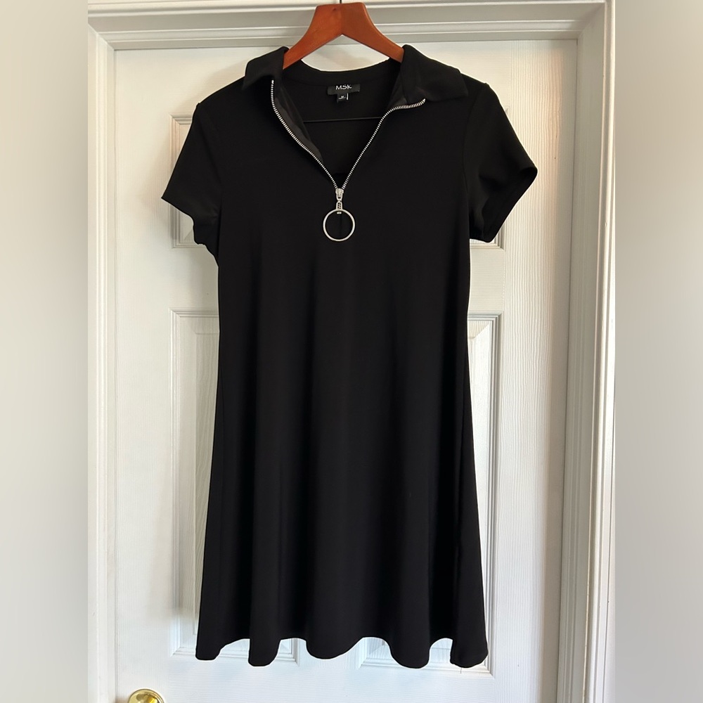 MSK Black Short-Sleeve Polo Zip Ring-Detail Midi Dress